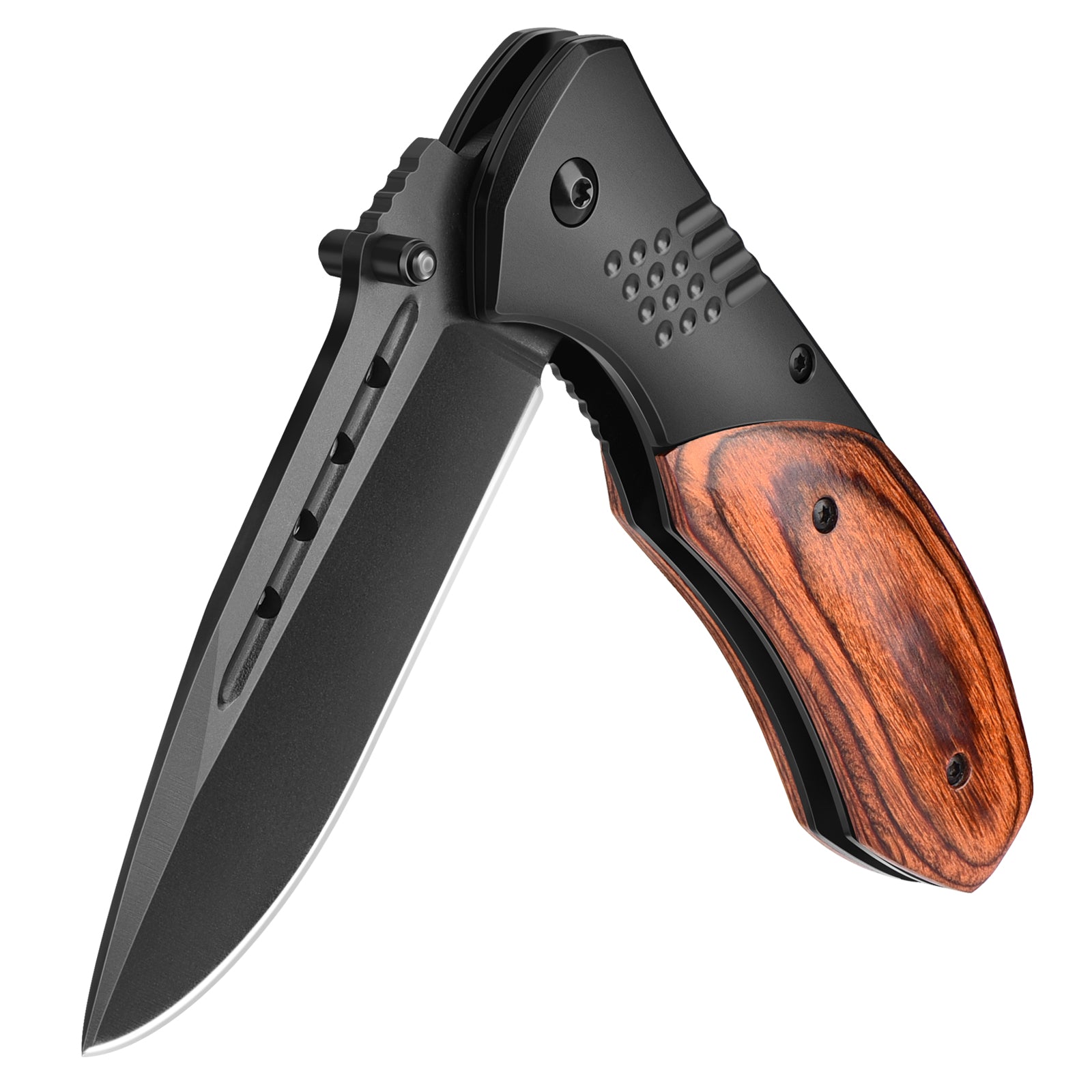 KEXMO Pocket Knife for Men - Sharp Blade Wood Handle Pocket Folding Knives with Clip, Glass Breaker - EDC Knives for Survival Camping Hunting Fishing Hiking Women, Large, Black