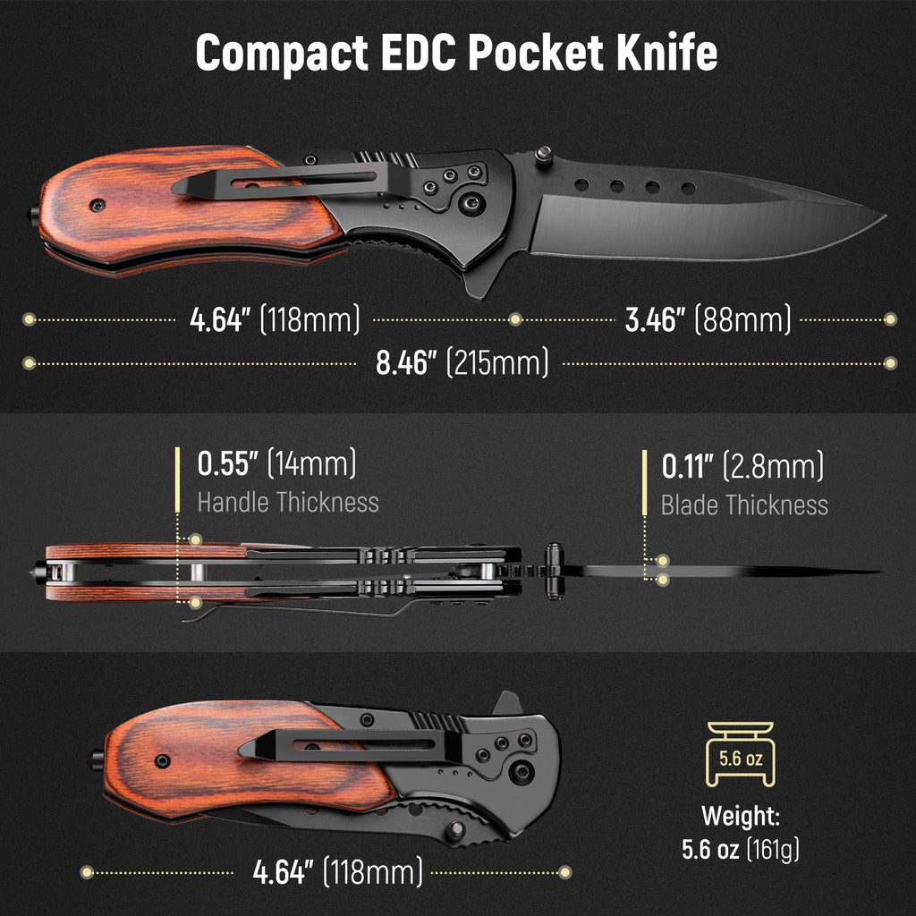 KEXMO Pocket Knife for Men - Sharp Blade Wood Handle Pocket Folding Knives with Clip, Glass Breaker - EDC Knives for Survival Camping Hunting Fishing Hiking Women, Large, Black