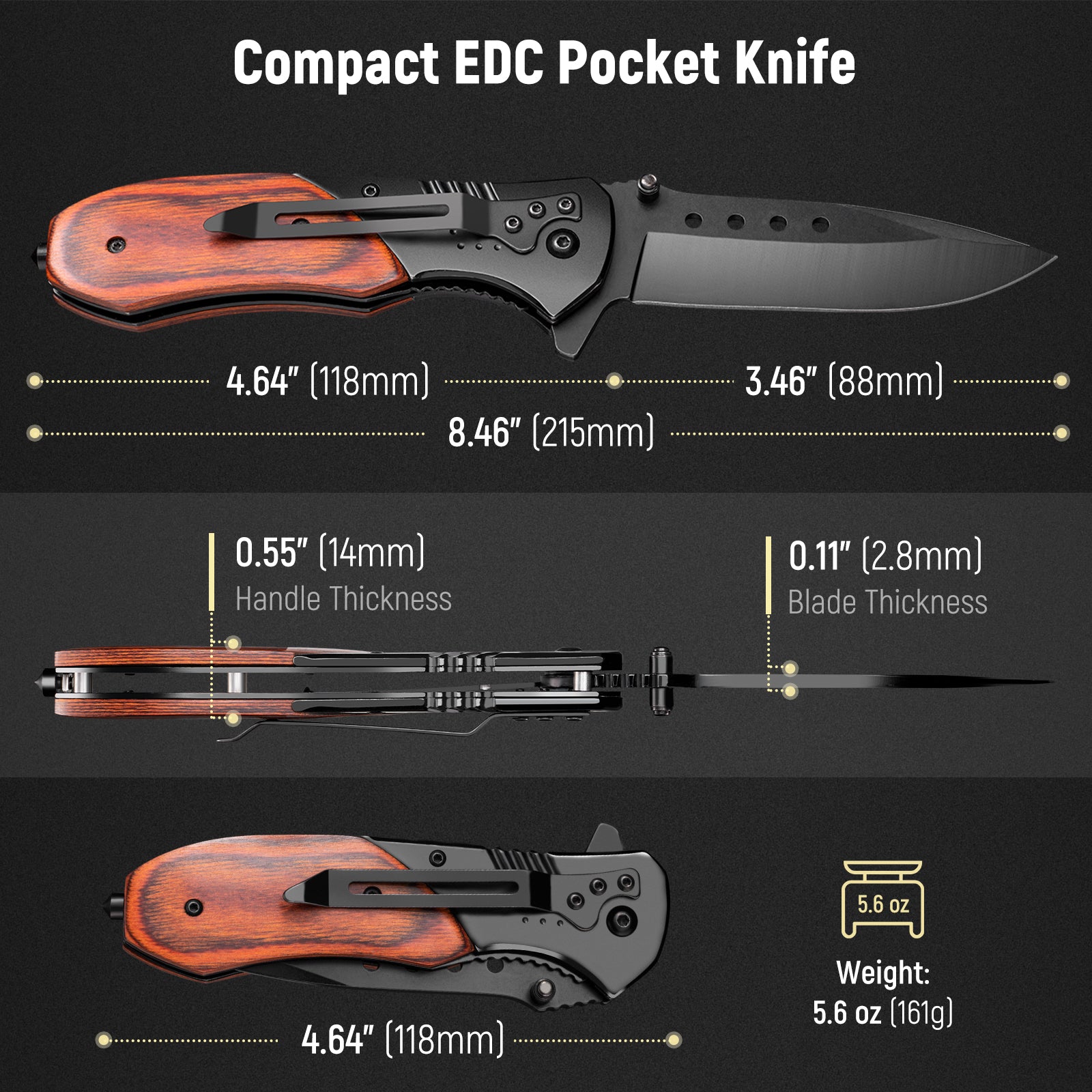 KEXMO Pocket Knife for Men - Sharp Blade Wood Handle Pocket Folding Knives with Clip, Glass Breaker - EDC Knives for Survival Camping Hunting Fishing Hiking Women, Large, Black