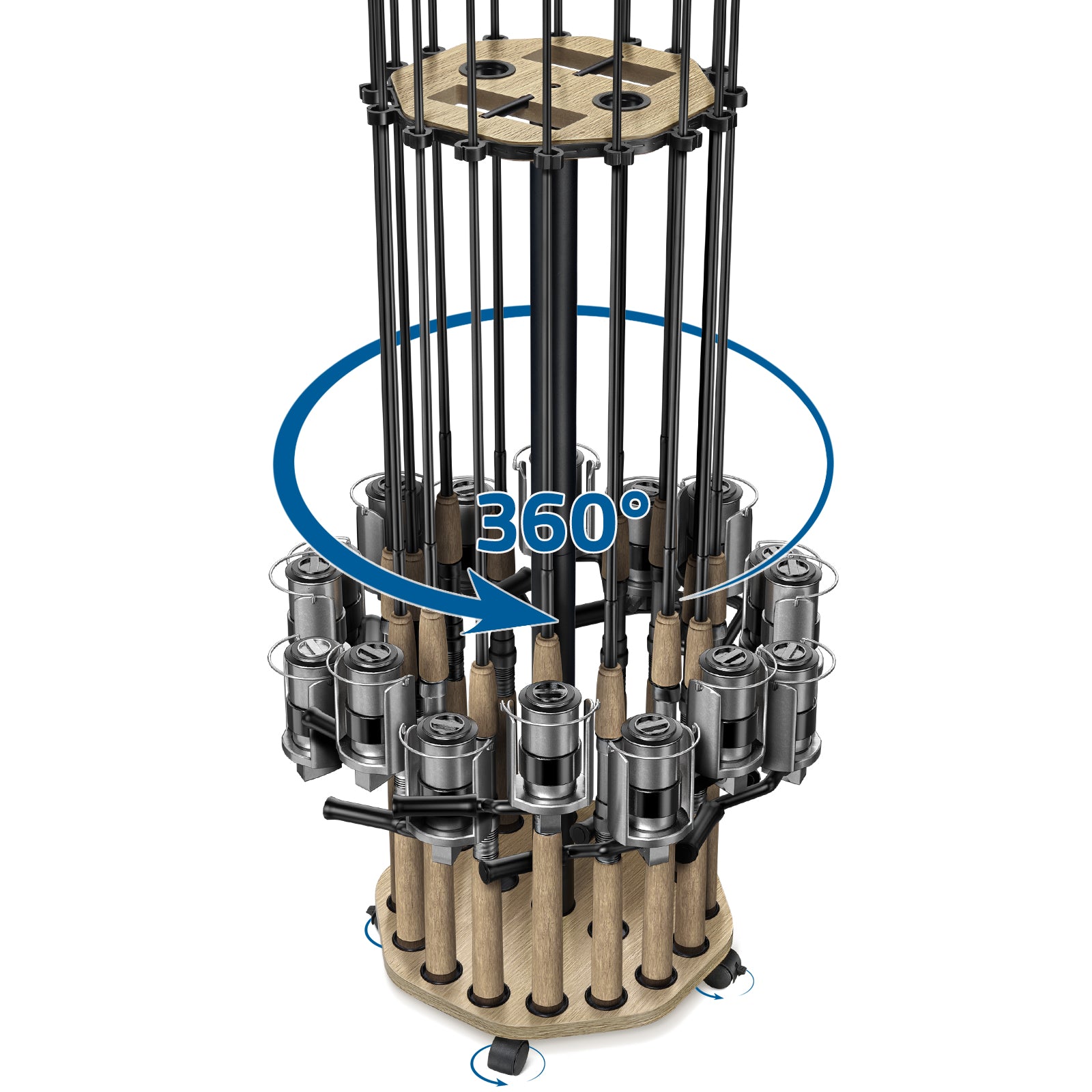 KEXMO Mobile Fishing Rod Holder Pole Rack for Garage, 360 Degree Lockable Wheels, Rigging Station, Heavy-Duty Steel Space-Saving Floor Stand, Holds 16 Combos, Fishing Gear Storage