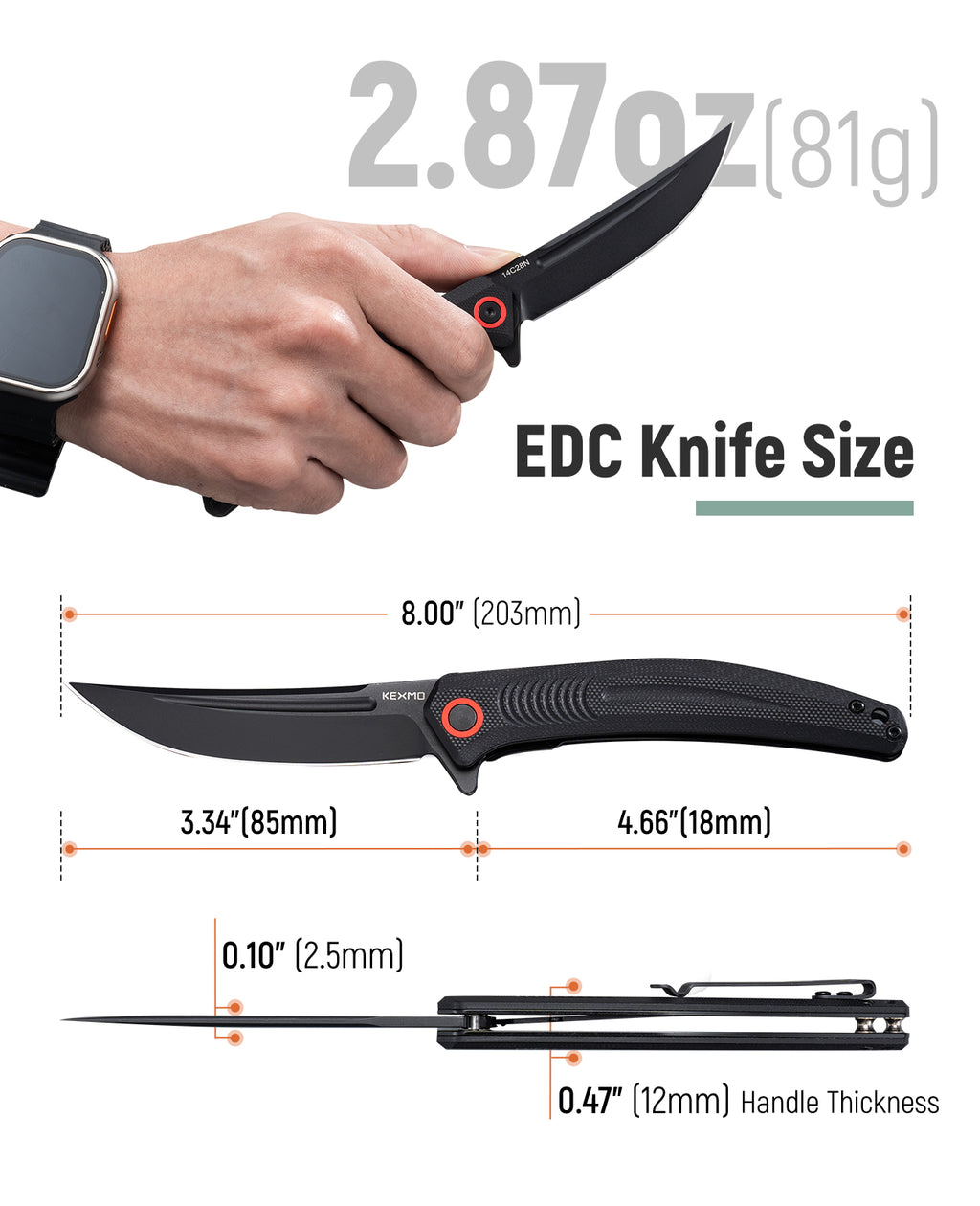 KEXMO Pocket Folding Knife, 3.34” Sharp 14C28N Stainless Steel Blade with Ergonomic G10 Handle and Deep-Carry Clip EDC Knives Liner Lock for Men Women Outdoor Indoor Camping Hiking Fishing