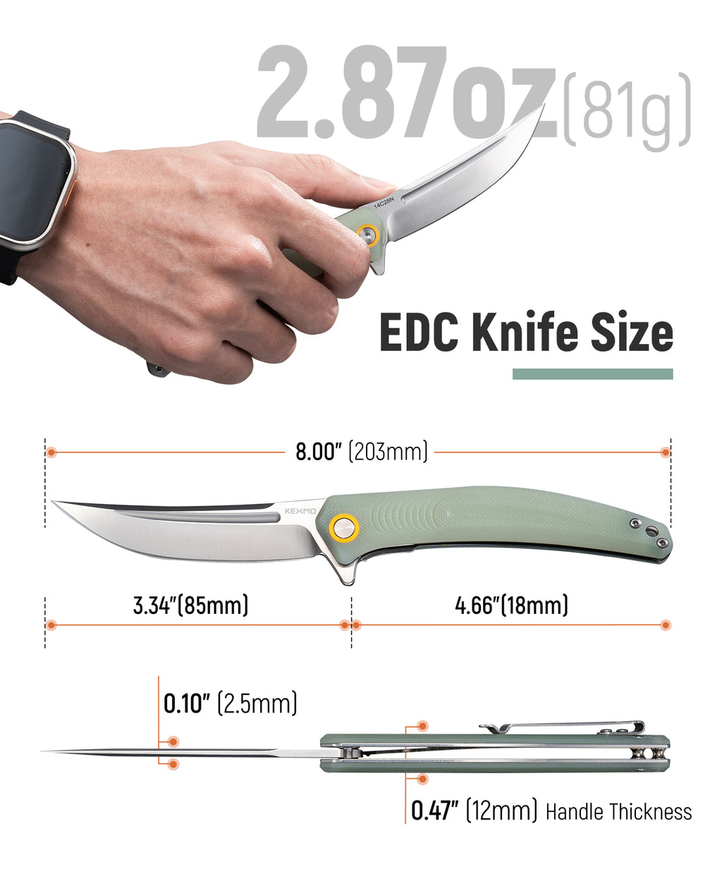KEXMO Pocket Folding Knife, 3.34” Sharp 14C28N Stainless Steel Blade with Ergonomic G10 Handle and Deep-Carry Clip EDC Knives Liner Lock for Men Women Outdoor Indoor Camping Hiking Fishing