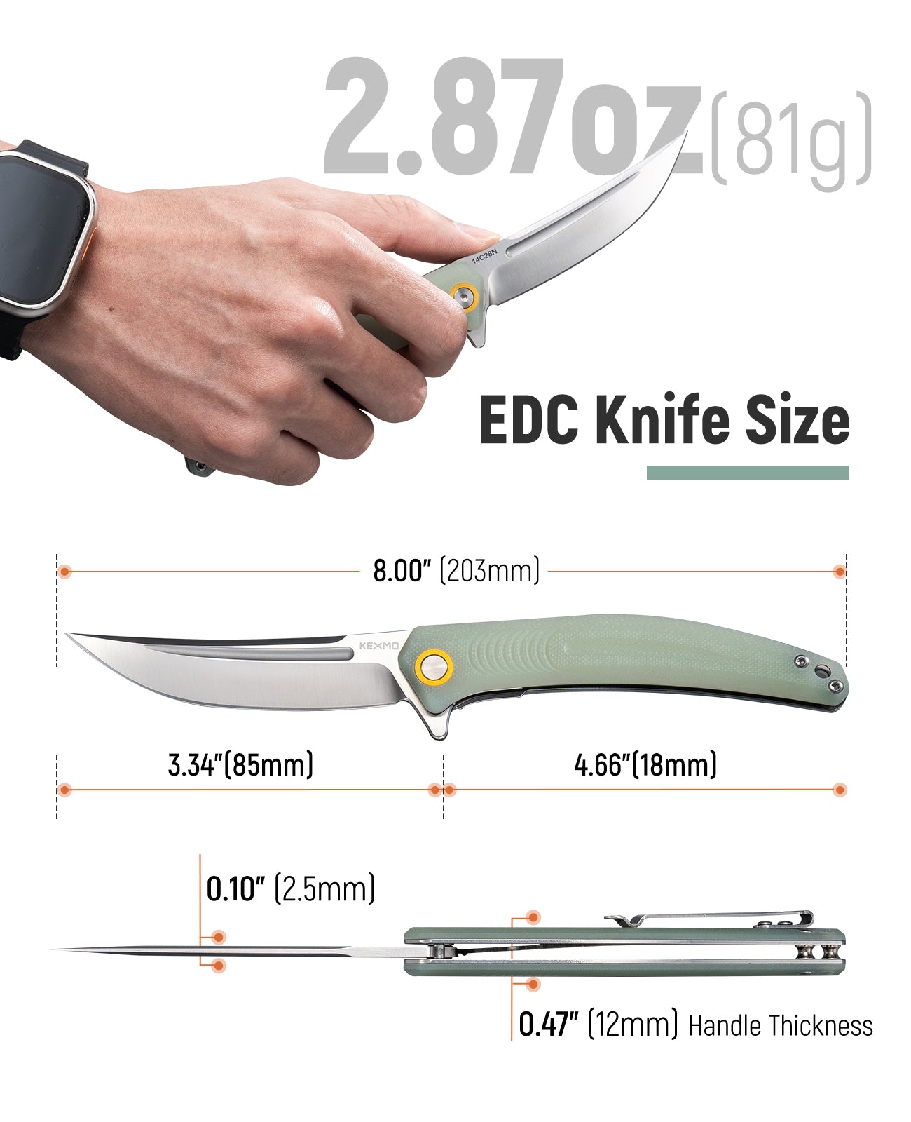 KEXMO Pocket Folding Knife, 3.34” Sharp 14C28N Stainless Steel Blade with Ergonomic G10 Handle and Deep-Carry Clip EDC Knives Liner Lock for Men Women Outdoor Indoor Camping Hiking Fishing