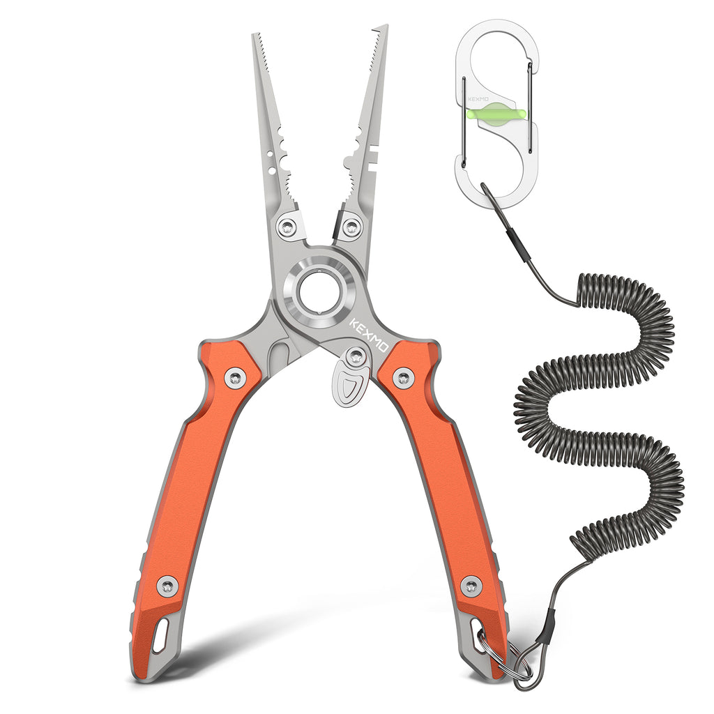 KEXMO 17-4 Stainless Steel Fishing Pliers, 7.17" Saltwater Split Ring Plier, Hook Remover Tool with Tungsten Carbide Cutters, Lanyard and Dual-Gated Carabiner, Fishing Gear Accessories