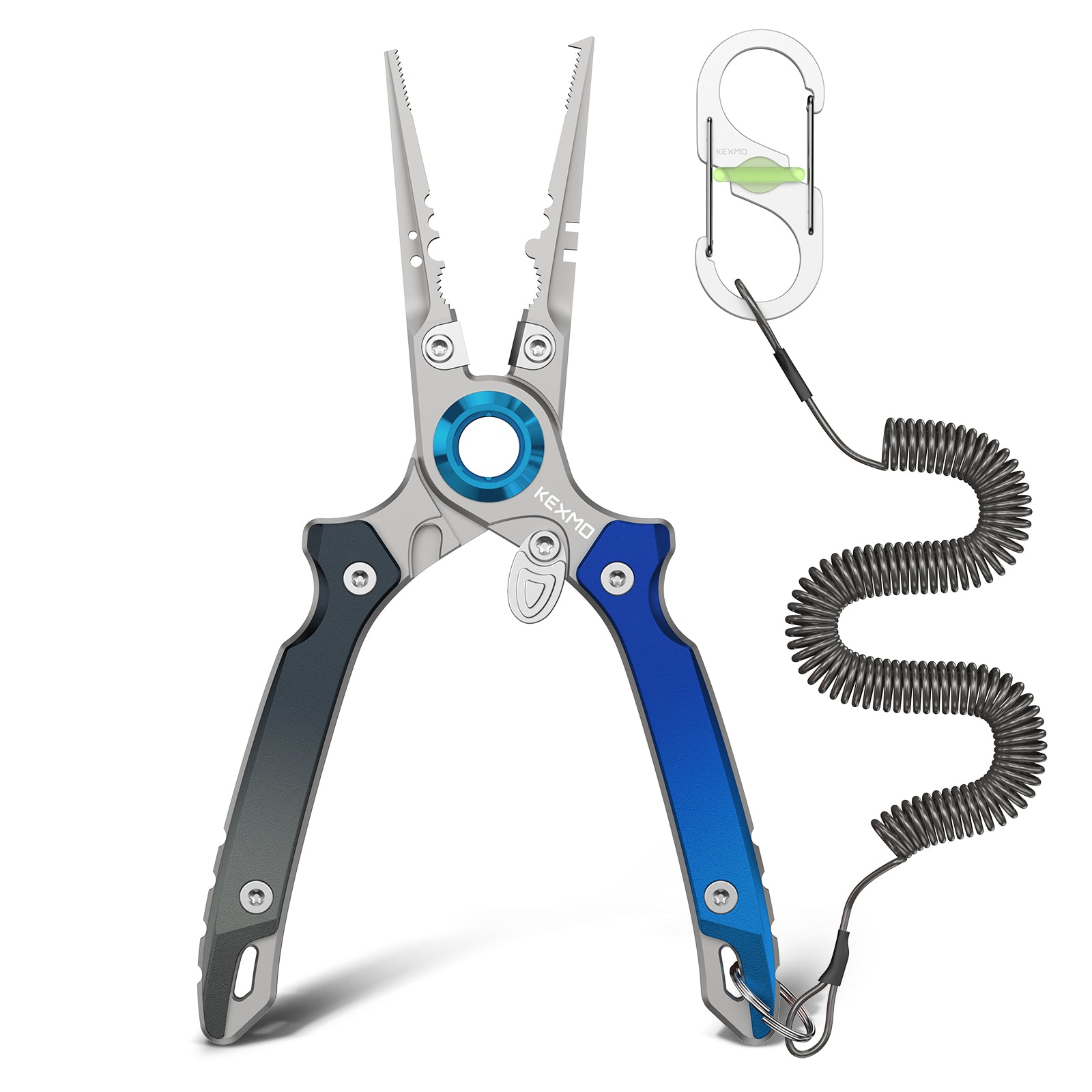 KEXMO 17-4 Stainless Steel Fishing Pliers, 7.17" Saltwater Split Ring Plier, Hook Remover Tool with Tungsten Carbide Cutters, Lanyard and Dual-Gated Carabiner, Fishing Gear Accessories