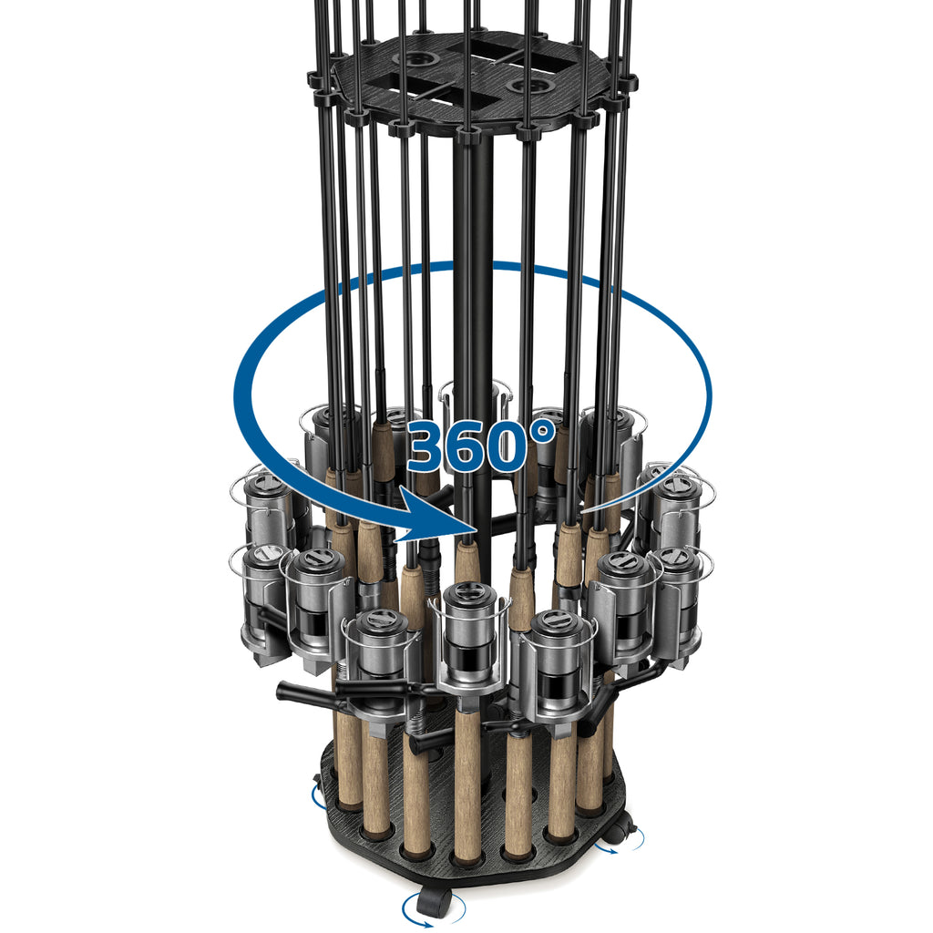 KEXMO Mobile Fishing Rod Holder Pole Rack for Garage, 360 Degree Lockable Wheels, Rigging Station, Heavy-Duty Steel Space-Saving Floor Stand, Holds 16 Combos, Fishing Gear Storage