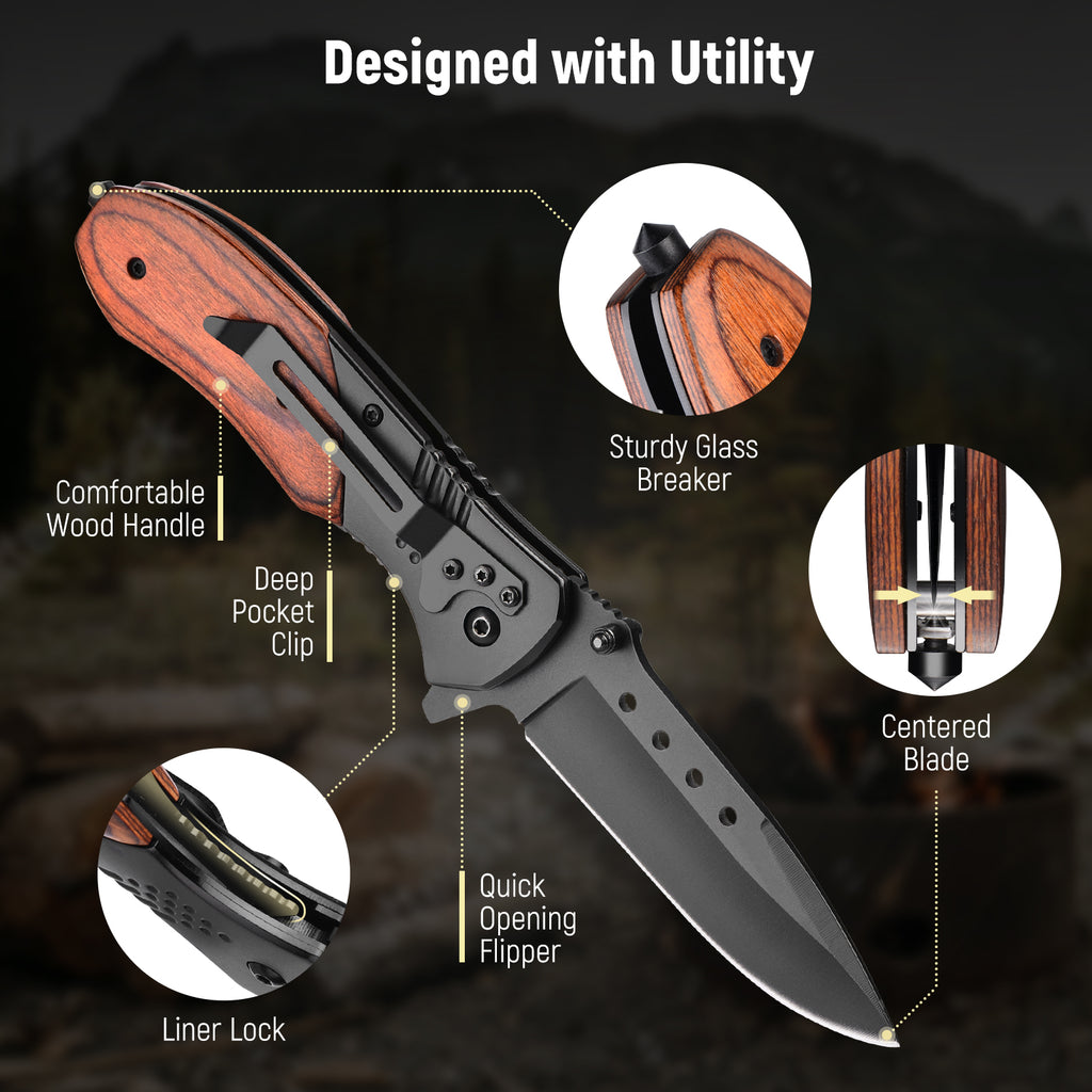 KEXMO Pocket Knife for Men - Sharp Blade Wood Handle Pocket Folding Knives with Clip, Glass Breaker - EDC Knives for Survival Camping Hunting Fishing Hiking Women, Large, Black
