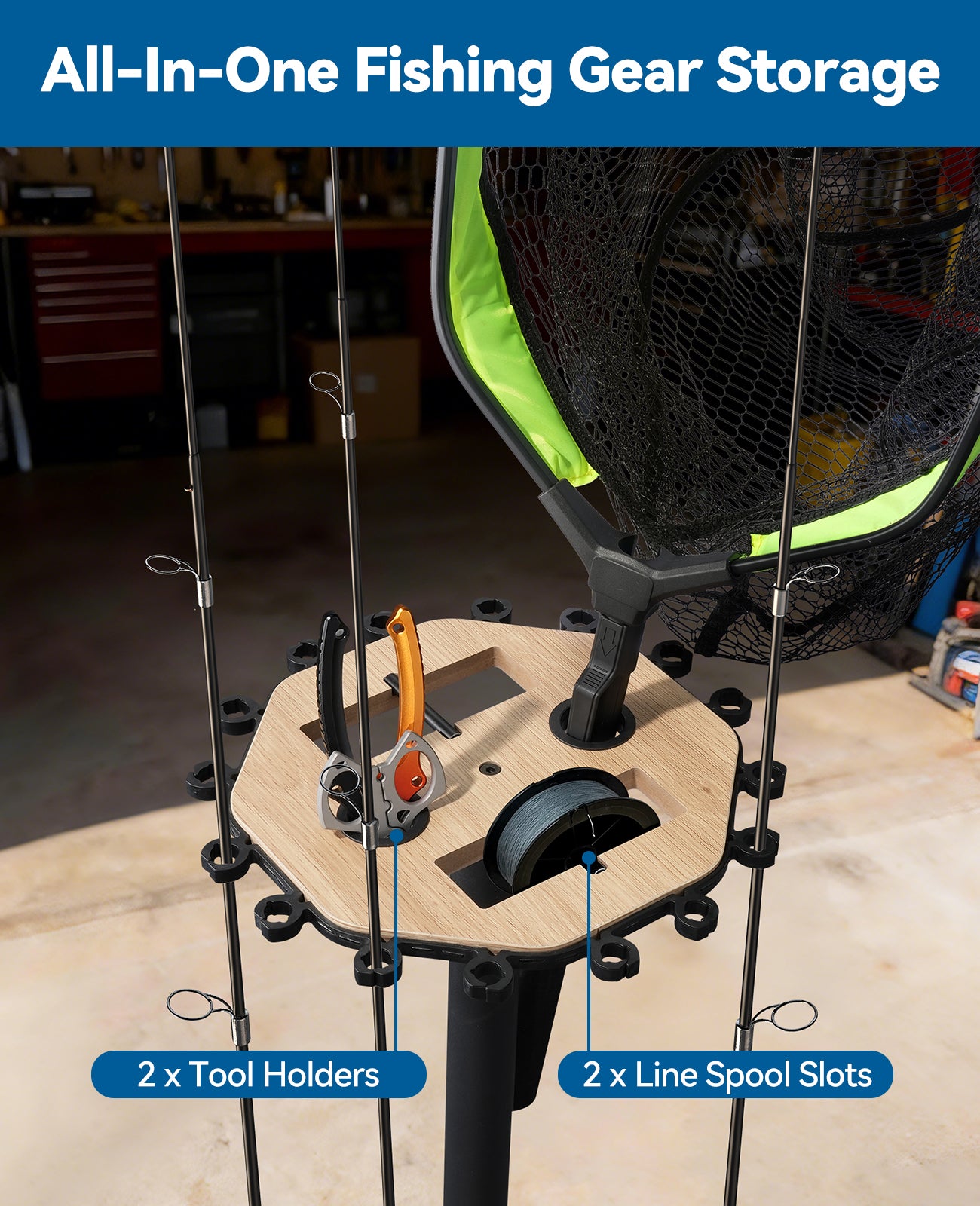 KEXMO Mobile Fishing Rod Holder Pole Rack for Garage, 360 Degree Lockable Wheels, Rigging Station, Heavy-Duty Steel Space-Saving Floor Stand, Holds 16 Combos, Fishing Gear Storage