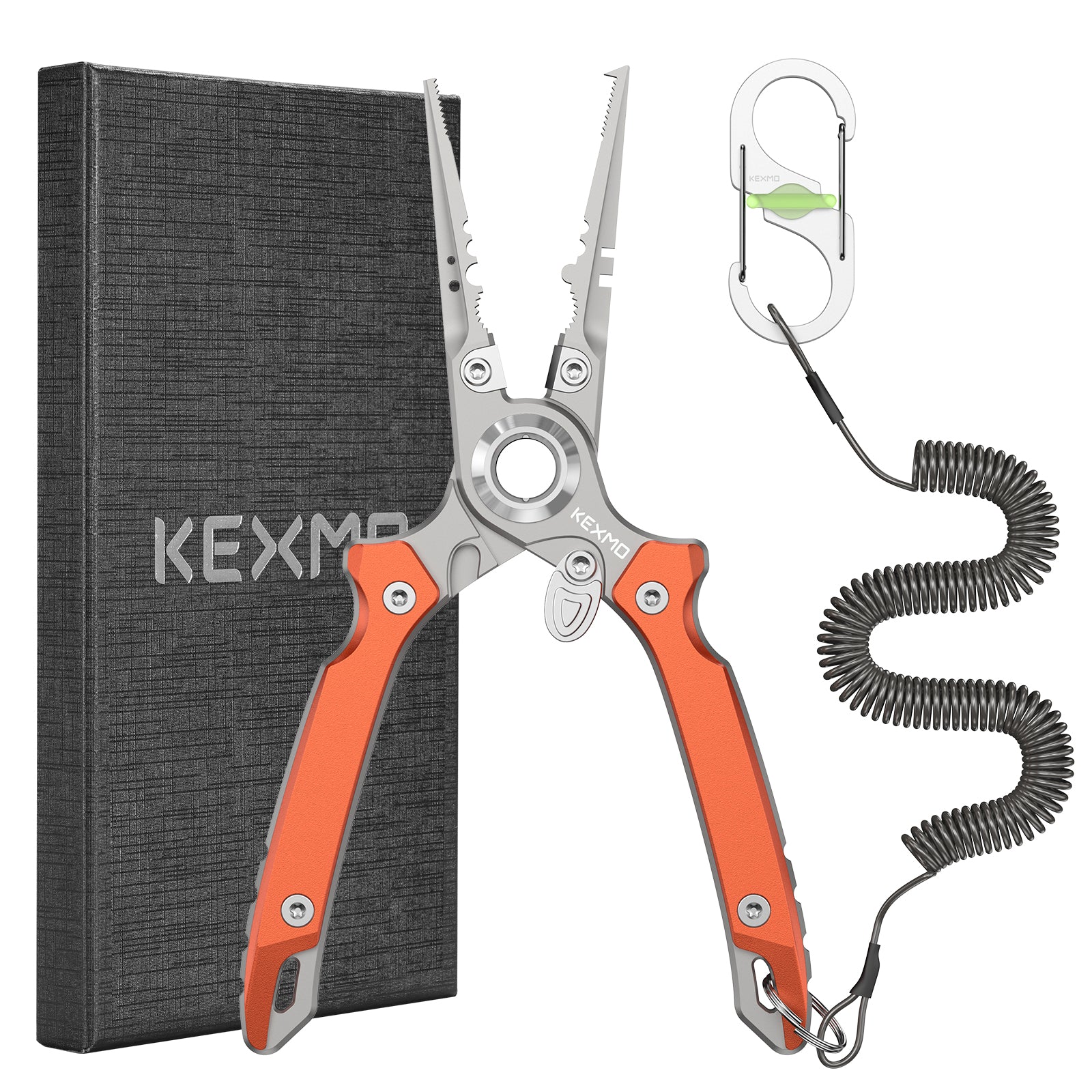 KEXMO 17-4 Stainless Steel Fishing Pliers, 7.17" Saltwater Split Ring Plier, Hook Remover Tool with Tungsten Carbide Cutters, Lanyard and Dual-Gated Carabiner, Fishing Gear Accessories