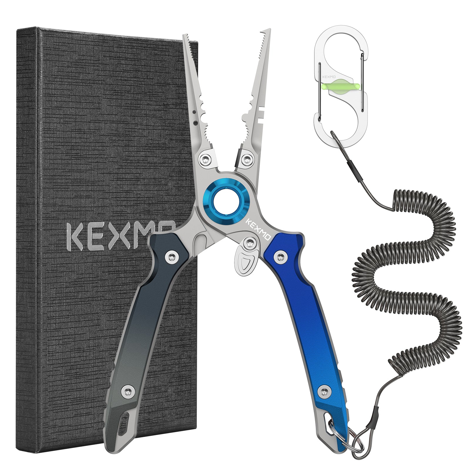 KEXMO 17-4 Stainless Steel Fishing Pliers, 7.17" Saltwater Split Ring Plier, Hook Remover Tool with Tungsten Carbide Cutters, Lanyard and Dual-Gated Carabiner, Fishing Gear Accessories