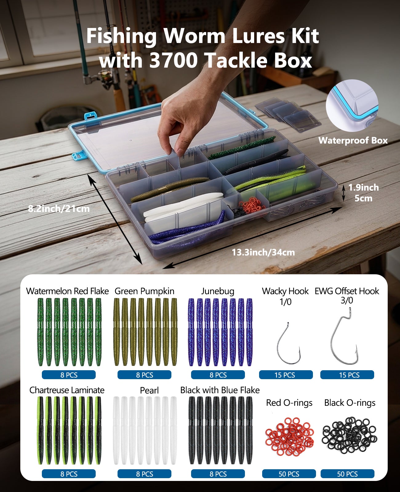 KEXMO 179PCS Wacky Worm Wacky Rig Kit for Bass Fishing, 48PCS 5.5" Worms Soft Plastic Lure with Salt Impregnation, 6 Premium Colors, 30 Hooks and 100 O-Rings with a Waterproof 3700 Tackle Box