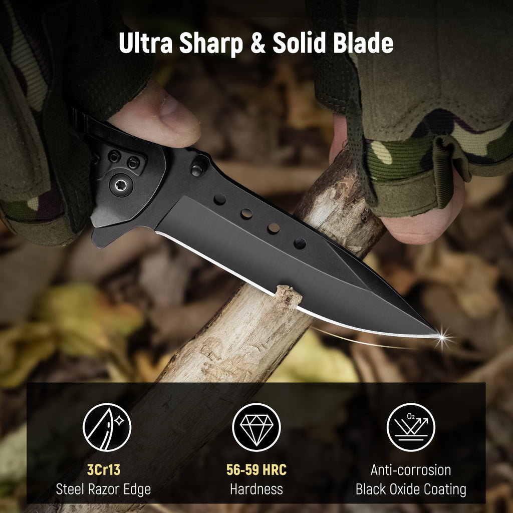 KEXMO Pocket Knife for Men - Sharp Blade Wood Handle Pocket Folding Knives with Clip, Glass Breaker - EDC Knives for Survival Camping Hunting Fishing Hiking Women, Large, Black