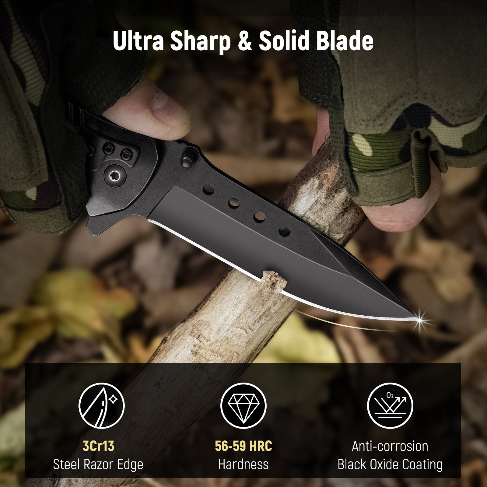 KEXMO Pocket Knife for Men - Sharp Blade Wood Handle Pocket Folding Knives with Clip, Glass Breaker - EDC Knives for Survival Camping Hunting Fishing Hiking Women, Large, Black