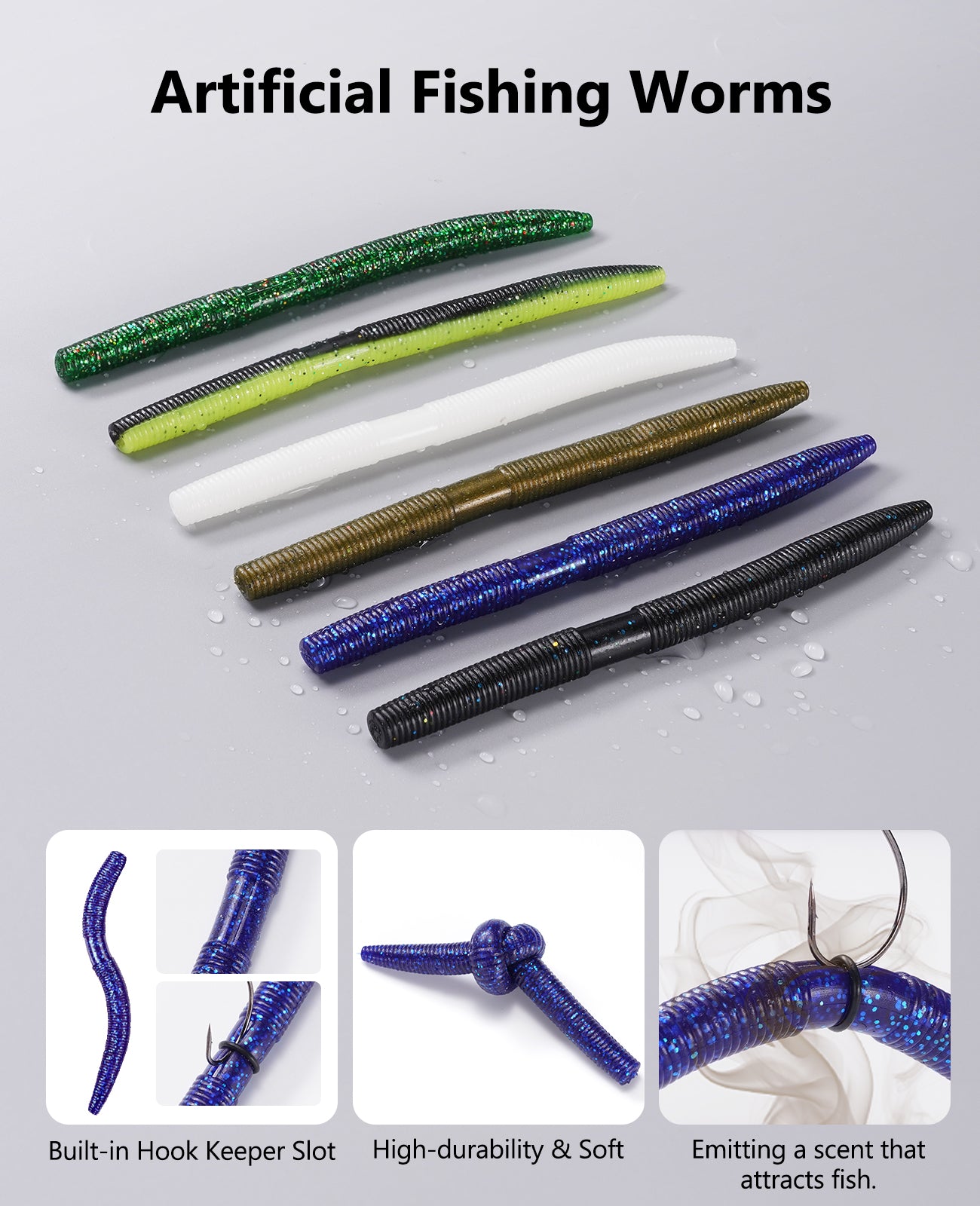KEXMO 179PCS Wacky Worm Wacky Rig Kit for Bass Fishing, 48PCS 5.5" Worms Soft Plastic Lure with Salt Impregnation, 6 Premium Colors, 30 Hooks and 100 O-Rings with a Waterproof 3700 Tackle Box