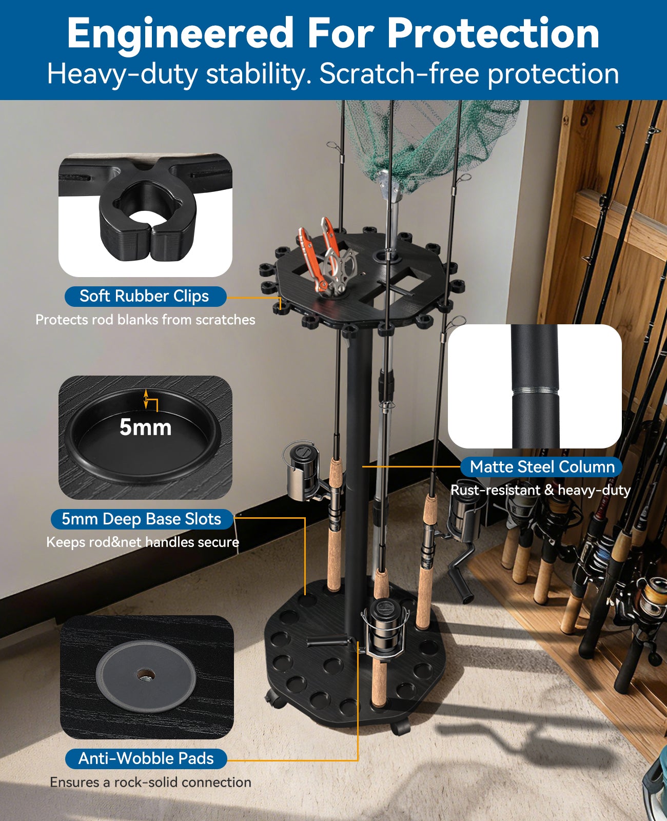 KEXMO Mobile Fishing Rod Holder Pole Rack for Garage, 360 Degree Lockable Wheels, Rigging Station, Heavy-Duty Steel Space-Saving Floor Stand, Holds 16 Combos, Fishing Gear Storage