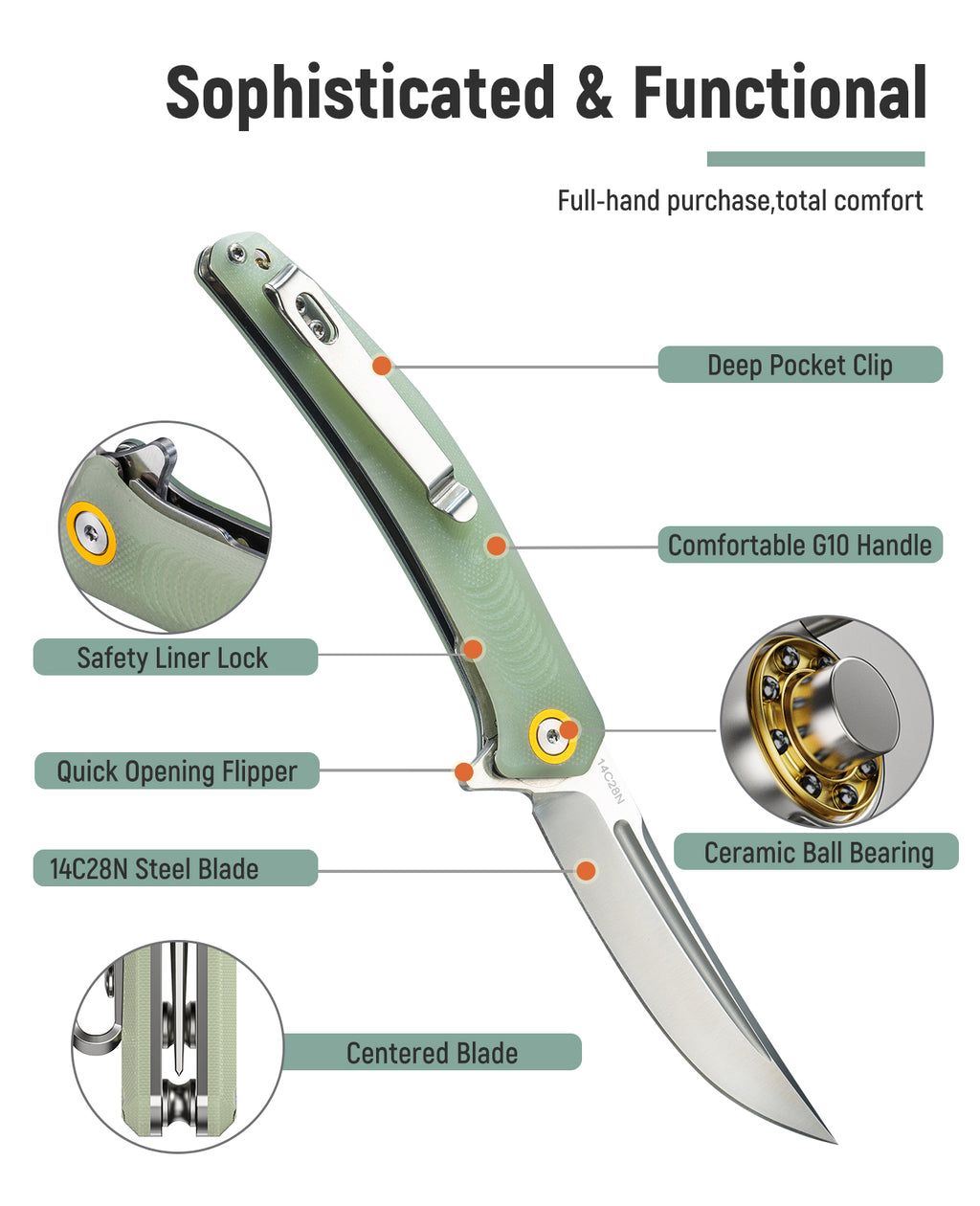 KEXMO Pocket Folding Knife, 3.34” Sharp 14C28N Stainless Steel Blade with Ergonomic G10 Handle and Deep-Carry Clip EDC Knives Liner Lock for Men Women Outdoor Indoor Camping Hiking Fishing