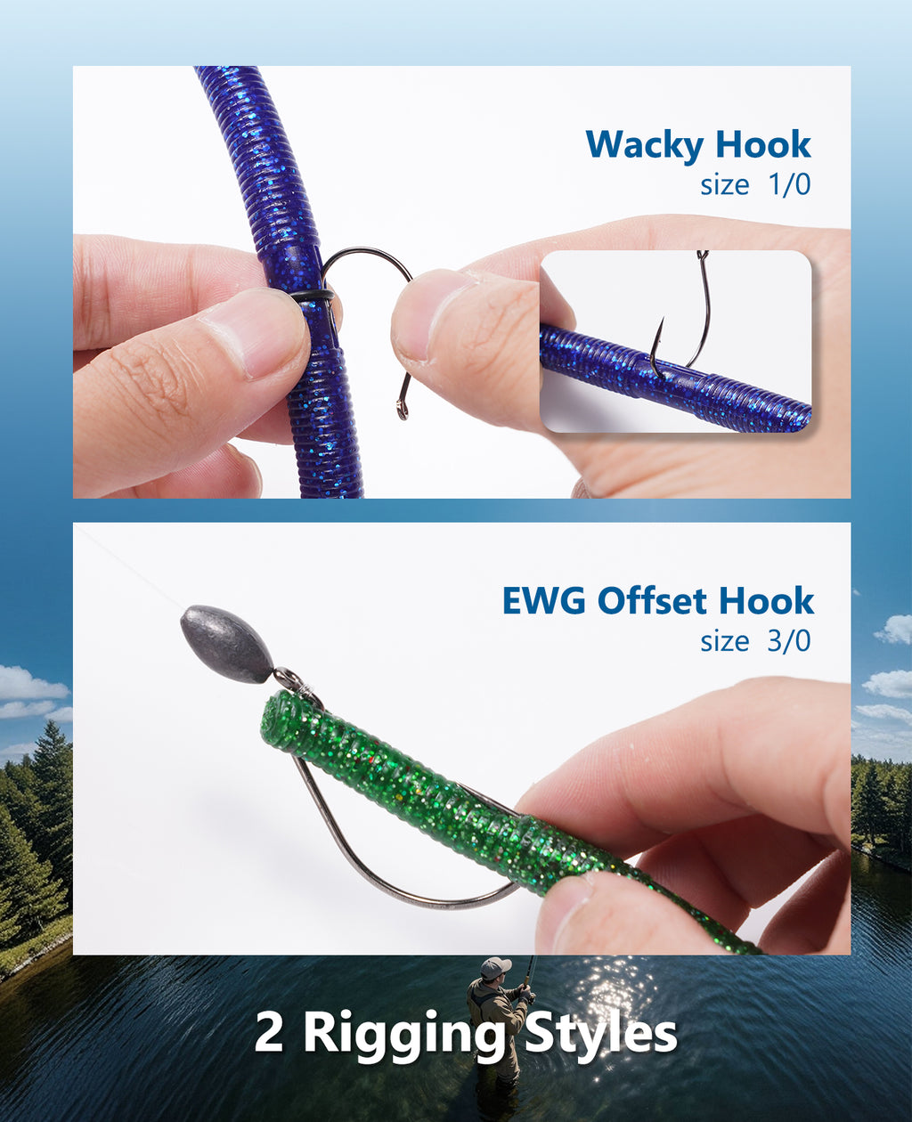 KEXMO 179PCS Wacky Worm Wacky Rig Kit for Bass Fishing, 48PCS 5.5" Worms Soft Plastic Lure with Salt Impregnation, 6 Premium Colors, 30 Hooks and 100 O-Rings with a Waterproof 3700 Tackle Box