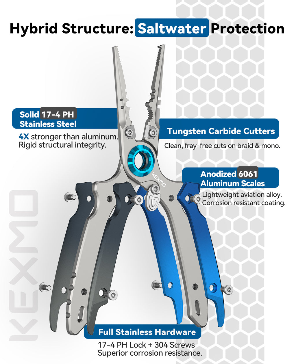 KEXMO 17-4 Stainless Steel Fishing Pliers, 7.17" Saltwater Split Ring Plier, Hook Remover Tool with Tungsten Carbide Cutters, Lanyard and Dual-Gated Carabiner, Fishing Gear Accessories