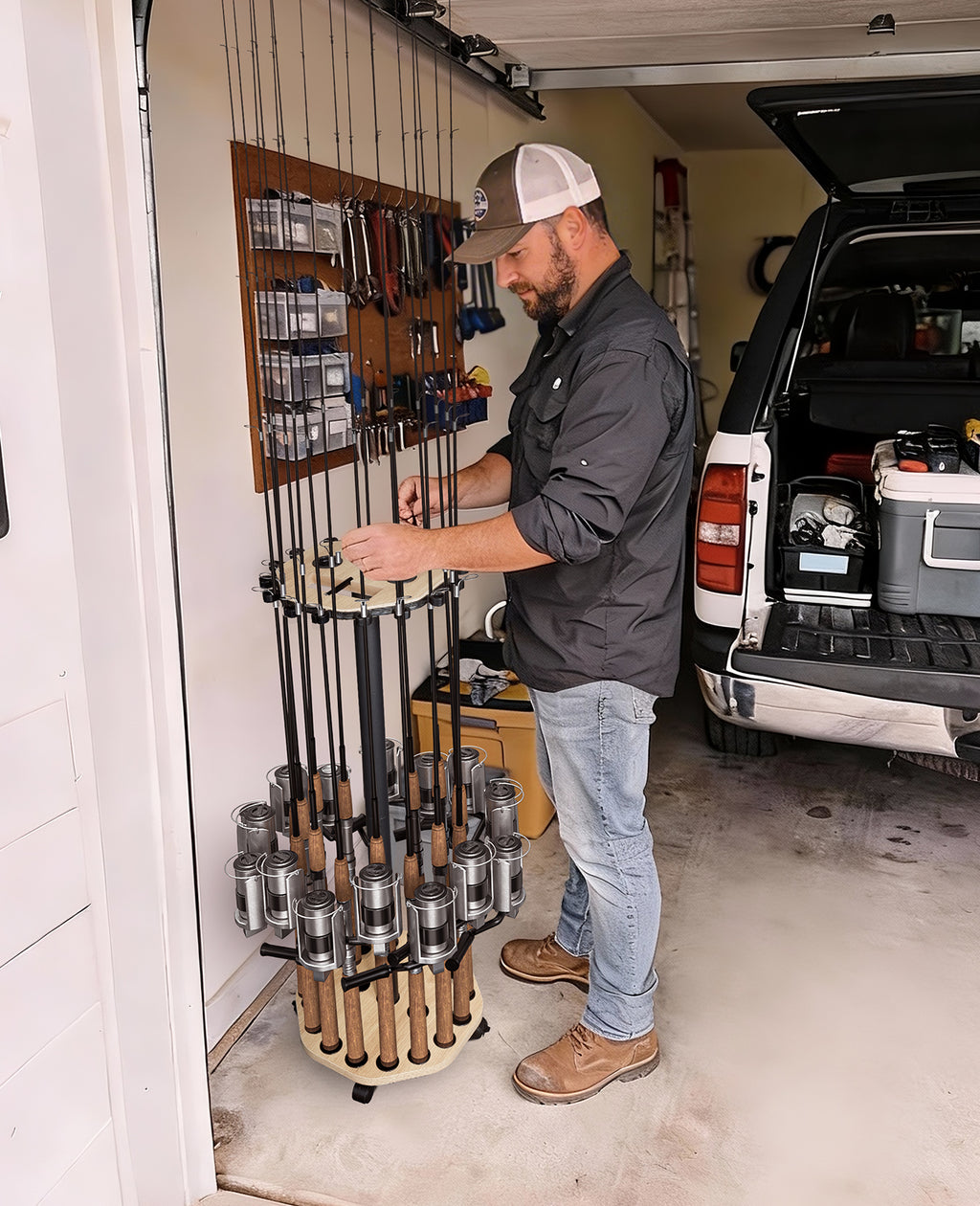 KEXMO Mobile Fishing Rod Holder Pole Rack for Garage, 360 Degree Lockable Wheels, Rigging Station, Heavy-Duty Steel Space-Saving Floor Stand, Holds 16 Combos, Fishing Gear Storage