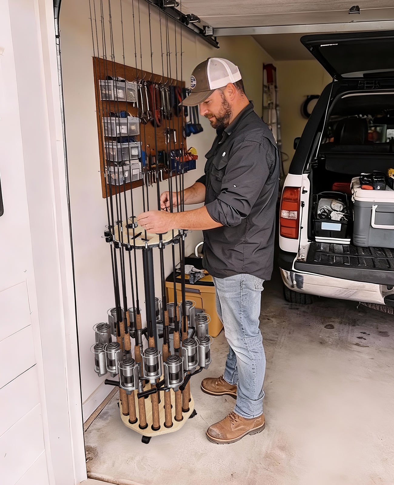 KEXMO Mobile Fishing Rod Holder Pole Rack for Garage, 360 Degree Lockable Wheels, Rigging Station, Heavy-Duty Steel Space-Saving Floor Stand, Holds 16 Combos, Fishing Gear Storage