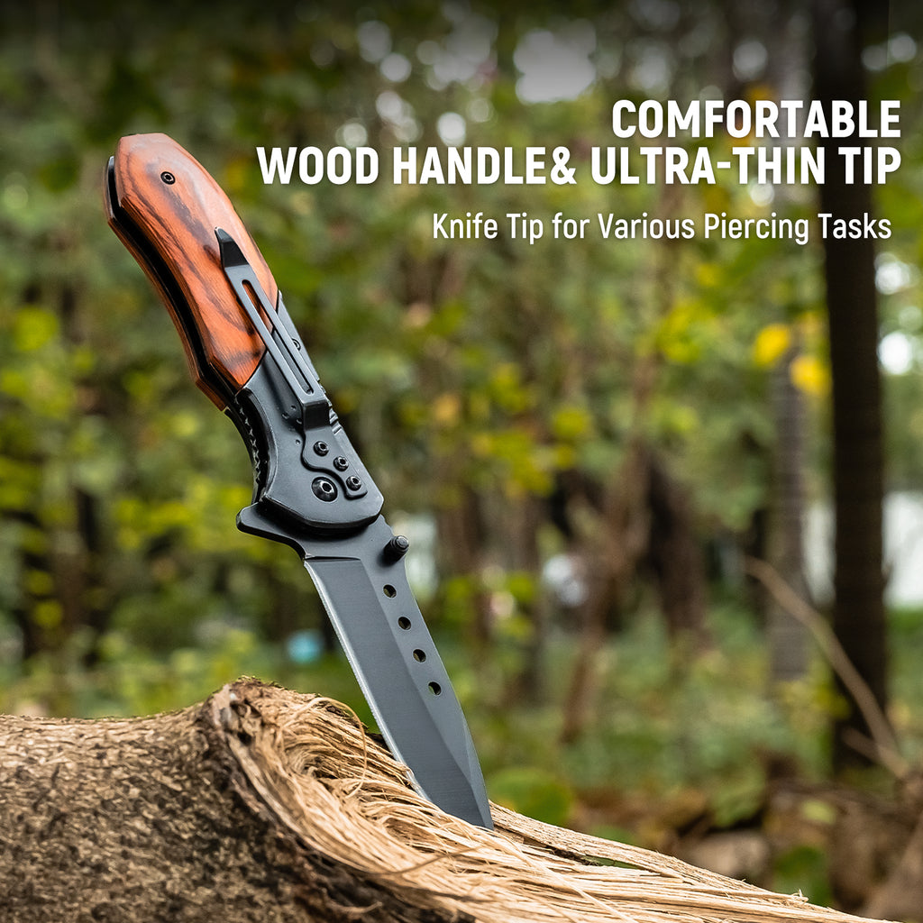 KEXMO Pocket Knife for Men - Sharp Blade Wood Handle Pocket Folding Knives with Clip, Glass Breaker - EDC Knives for Survival Camping Hunting Fishing Hiking Women, Large, Black