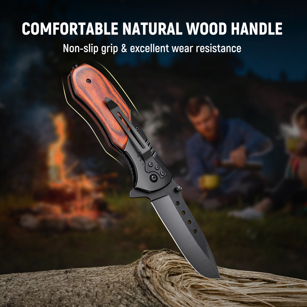 KEXMO Pocket Knife for Men - Sharp Blade Wood Handle Pocket Folding Knives with Clip, Glass Breaker - EDC Knives for Survival Camping Hunting Fishing Hiking Women, Large, Black