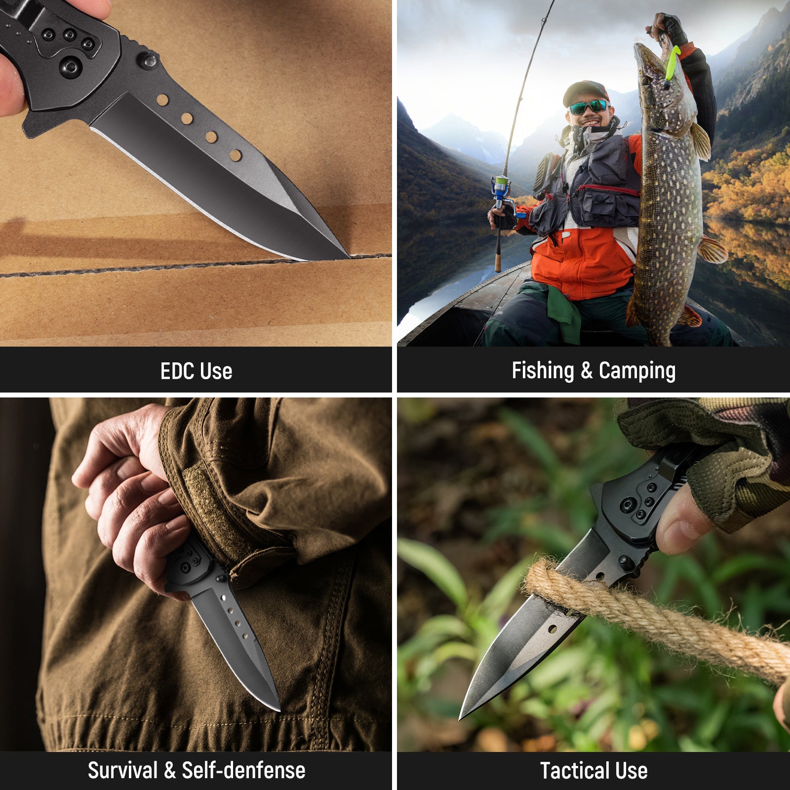 KEXMO Pocket Knife for Men - Sharp Blade Wood Handle Pocket Folding Knives with Clip, Glass Breaker - EDC Knives for Survival Camping Hunting Fishing Hiking Women, Large, Black