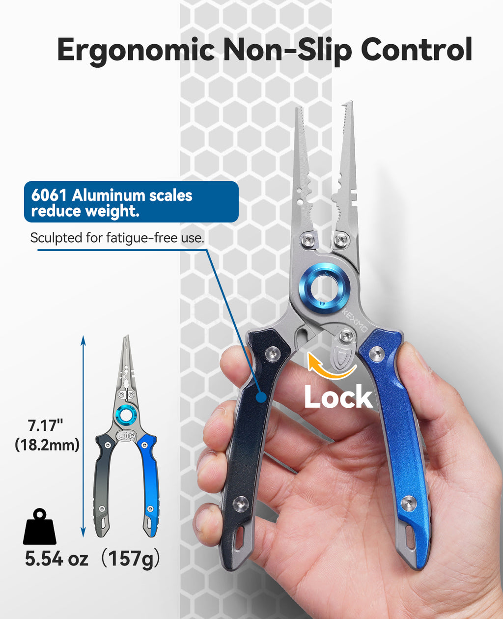 KEXMO 17-4 Stainless Steel Fishing Pliers, 7.17" Saltwater Split Ring Plier, Hook Remover Tool with Tungsten Carbide Cutters, Lanyard and Dual-Gated Carabiner, Fishing Gear Accessories