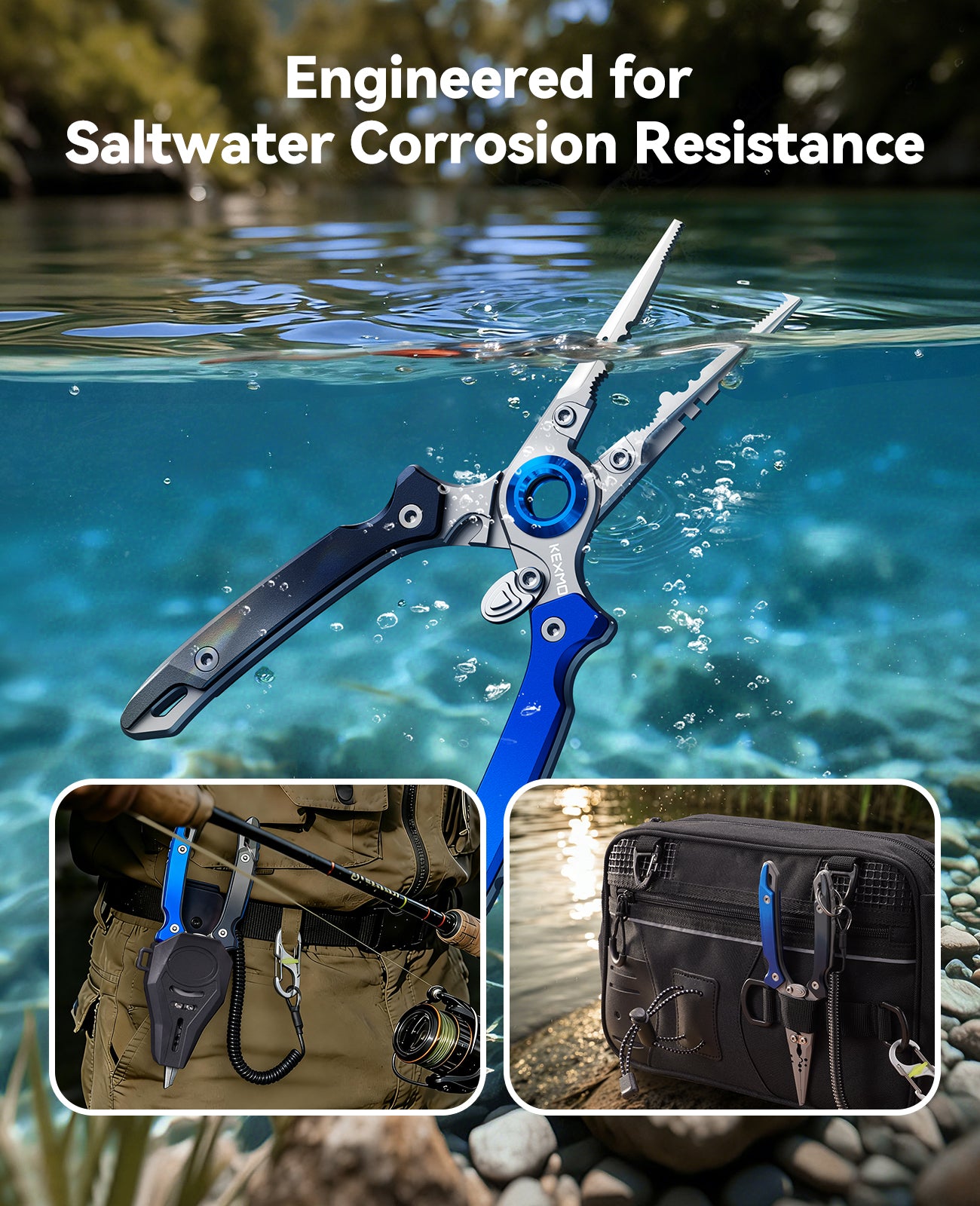 KEXMO 17-4 Stainless Steel Fishing Pliers, 7.17" Saltwater Split Ring Plier, Hook Remover Tool with Tungsten Carbide Cutters, Lanyard and Dual-Gated Carabiner, Fishing Gear Accessories